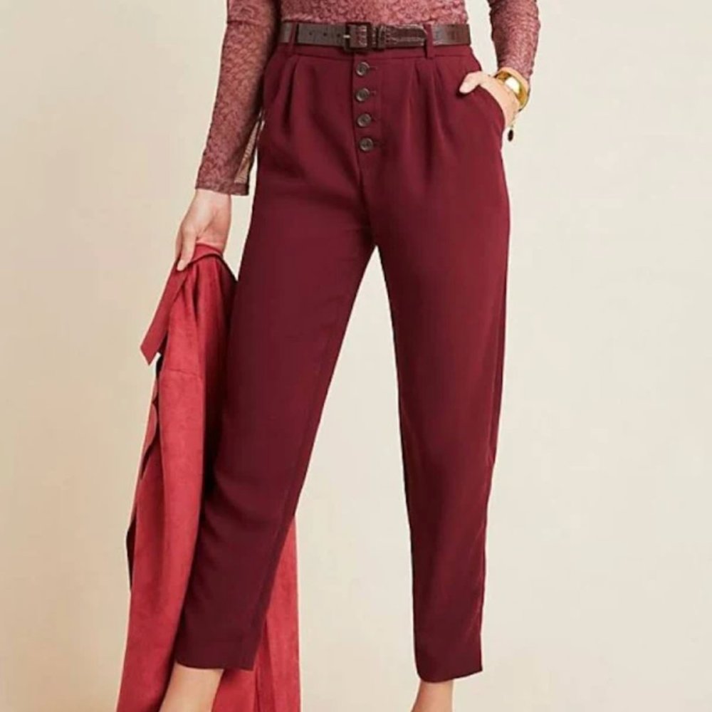 Anthropologie Womens Dress Pants Polyester Maroon Pleated Front Tapered Size 8